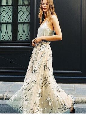 Anthropologie Geisha Designs Georgette Pleated Tulle Maxi Skirt